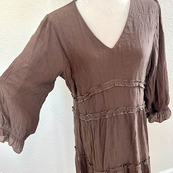 Mikarose The Charlie Large Tiered Midi Dress Brown Prairie V Neck Cottagecore - Picture 5 of 16